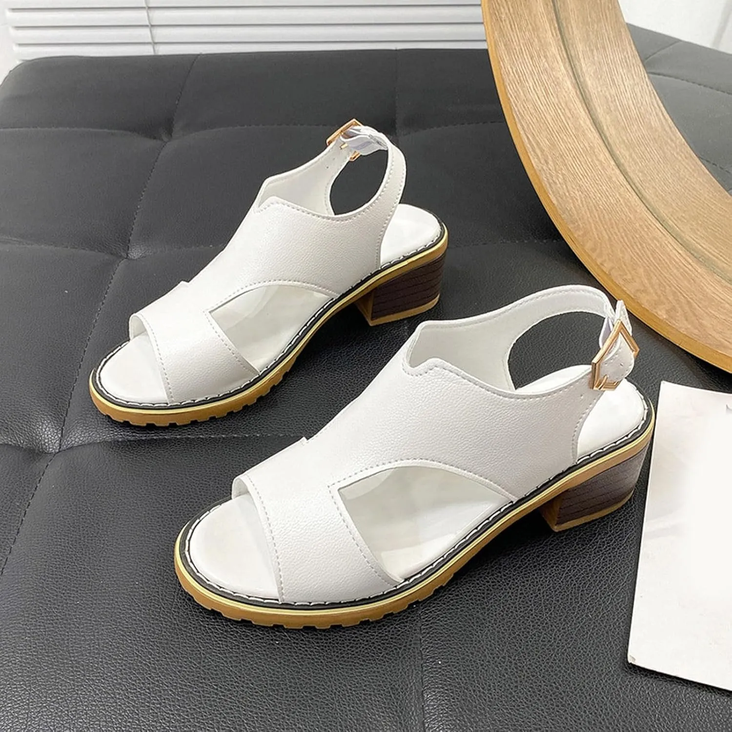 2025 Women's Chunky Heels Sandals Open Toe Buckle Comfortable Fashion Sandal Faux Leather Casual Summer Dressy Women Shoes with Ankle Strap for Wedding Party Walking