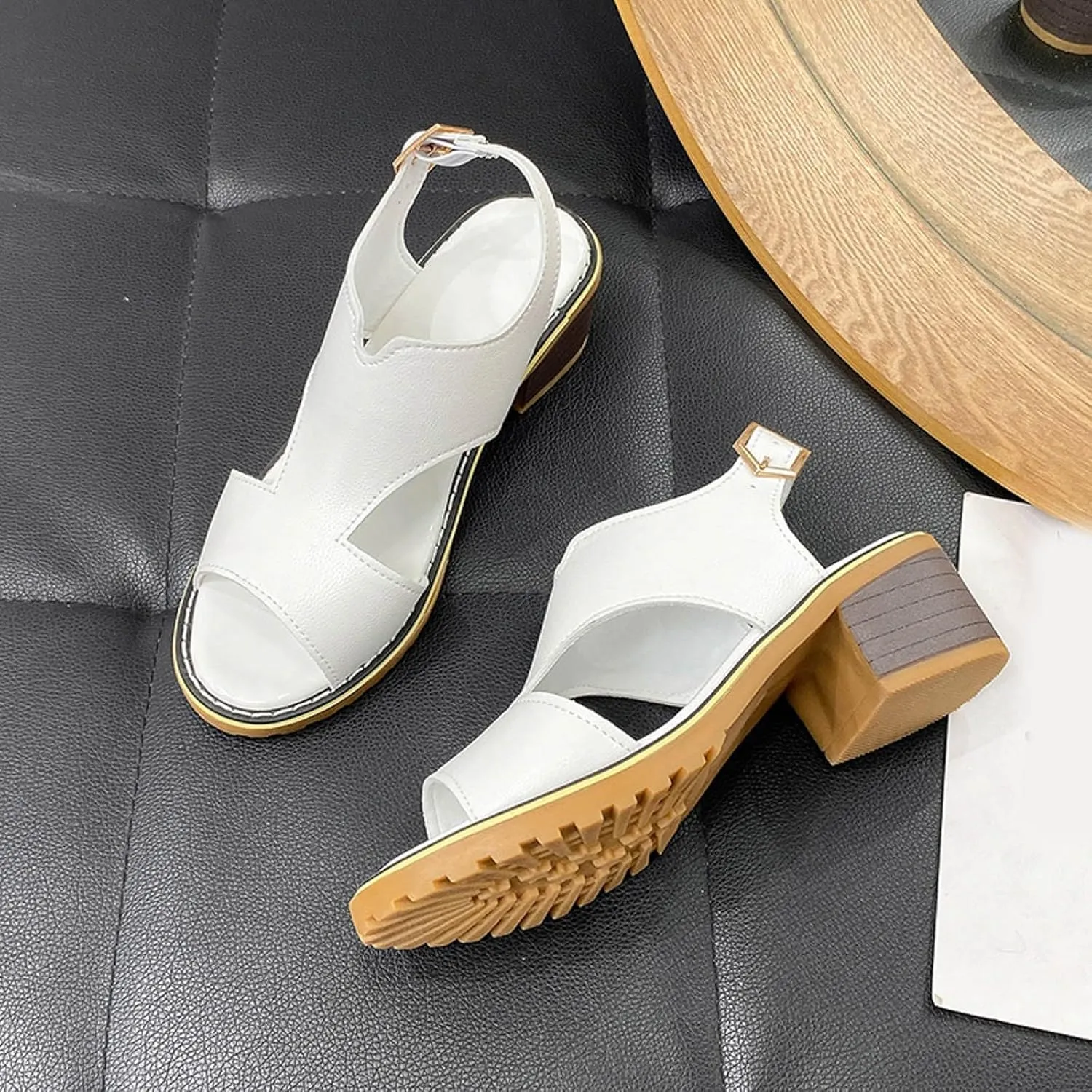 2025 Women's Chunky Heels Sandals Open Toe Buckle Comfortable Fashion Sandal Faux Leather Casual Summer Dressy Women Shoes with Ankle Strap for Wedding Party Walking