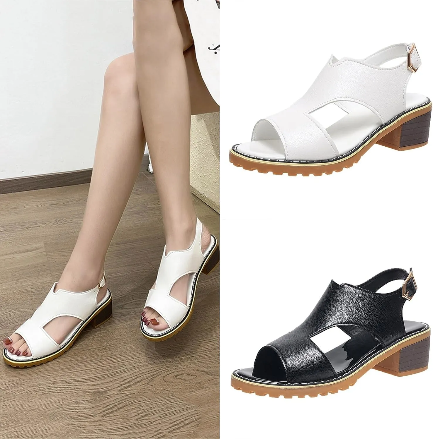 2025 Women's Chunky Heels Sandals Open Toe Buckle Comfortable Fashion Sandal Faux Leather Casual Summer Dressy Women Shoes with Ankle Strap for Wedding Party Walking