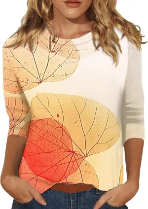 3/4 Length Sleeve Womens Tops 2024 Floral Print Vintage Casual Loose with Round Neck Plus Size Shirts
