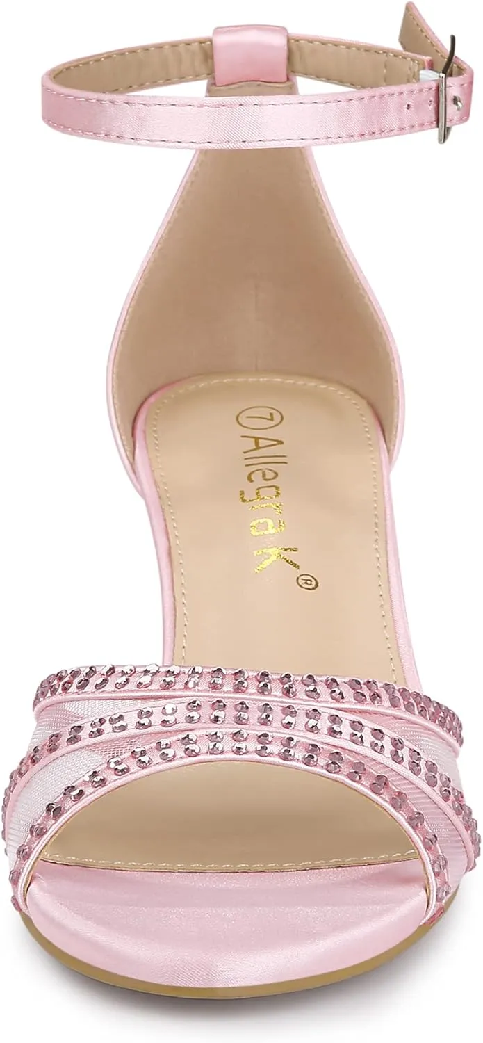 Allegra K Women's Rhinestone Mesh Kitten Heels Sandals