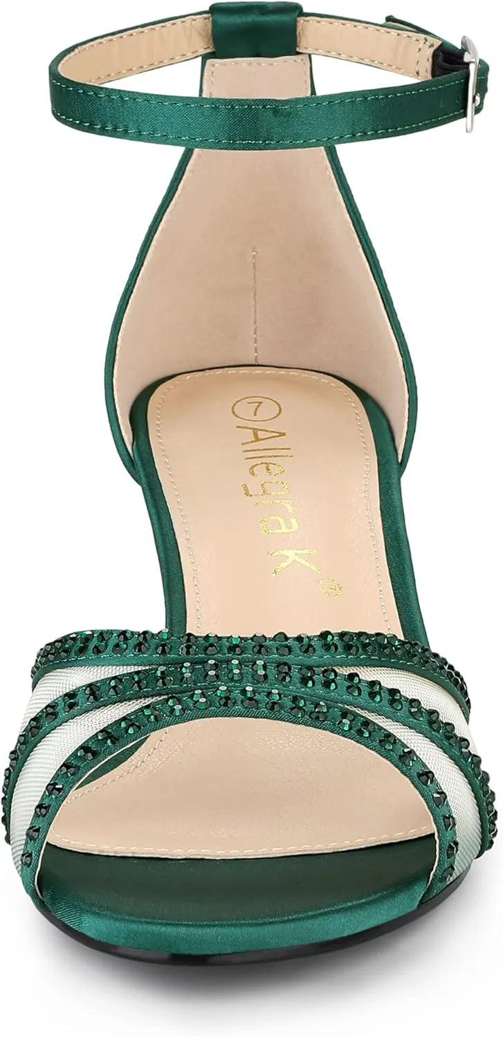 Allegra K Women's Rhinestone Mesh Kitten Heels Sandals
