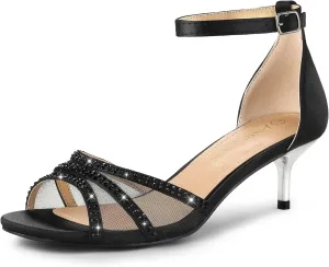 Allegra K Women's Rhinestone Mesh Kitten Heels Sandals