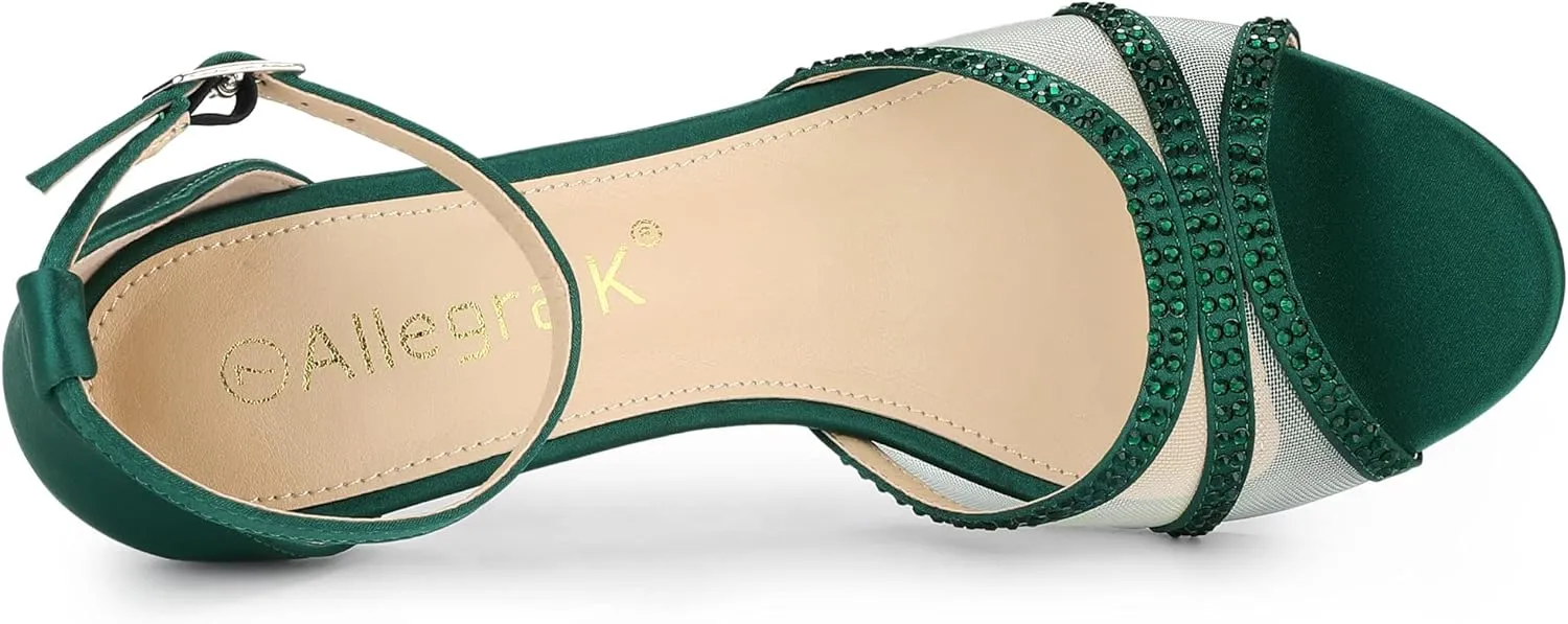 Allegra K Women's Rhinestone Mesh Kitten Heels Sandals