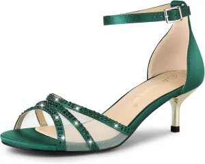 Allegra K Women's Rhinestone Mesh Kitten Heels Sandals