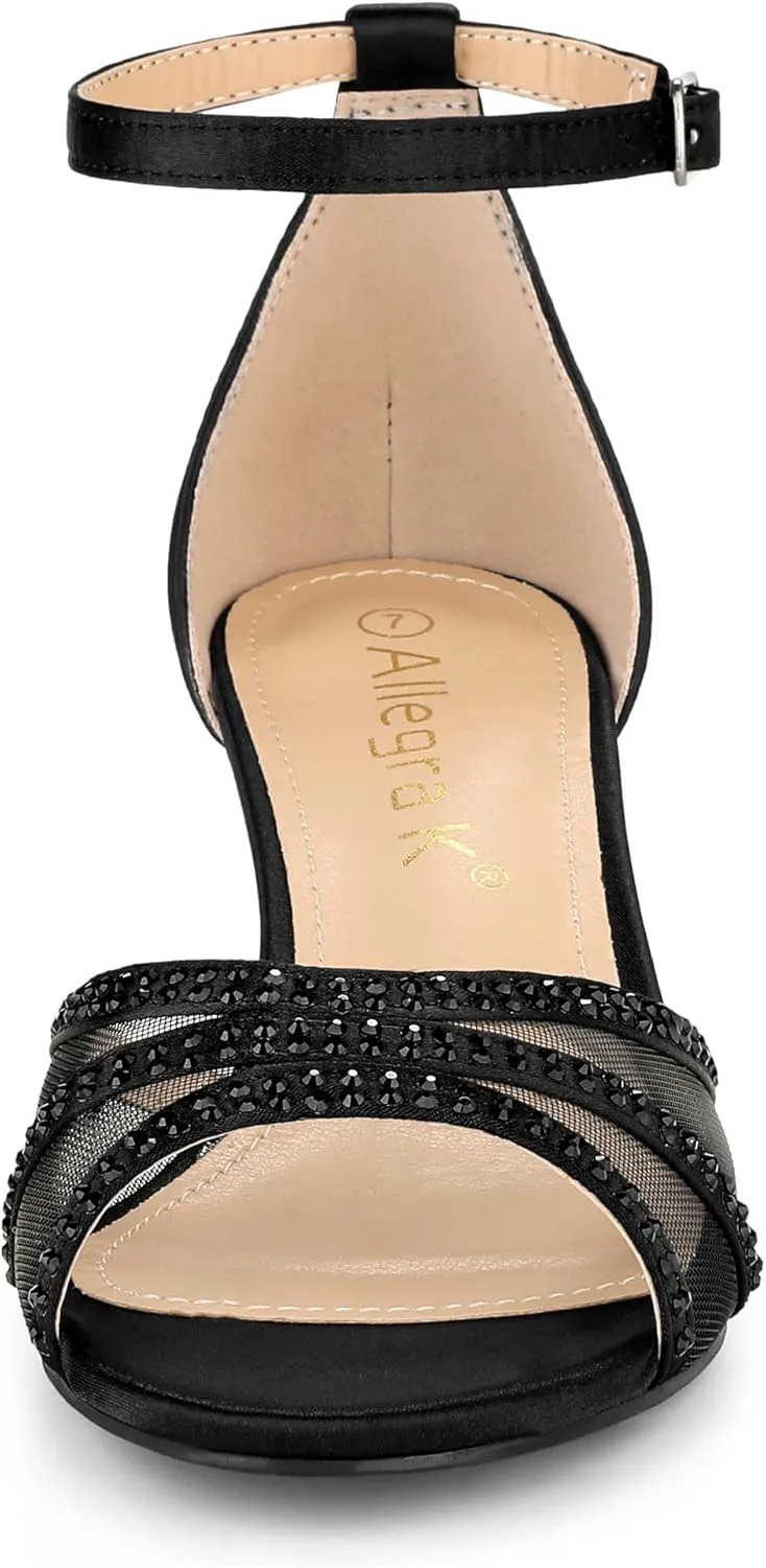 Allegra K Women's Rhinestone Mesh Kitten Heels Sandals