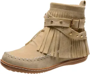AMDBEL Winter Boots for Women Ankle Booties Women Casual Ankle Boots Flat Fringe Booties Round Toe Vintage Suede Tassel Lace Up Dress Walking Shoes Zipper Fall Outdoor Fashion Low Top Short Boots