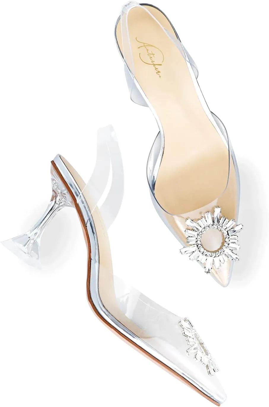 anteikira Women's Fashion High Heels Slip On Slingback Sexy Shoes Strange Heel Sun Knot Pointed Closed Toe Transparent PVC Dress Wedding Sandals