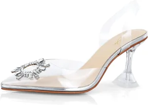 anteikira Women's Fashion High Heels Slip On Slingback Sexy Shoes Strange Heel Sun Knot Pointed Closed Toe Transparent PVC Dress Wedding Sandals