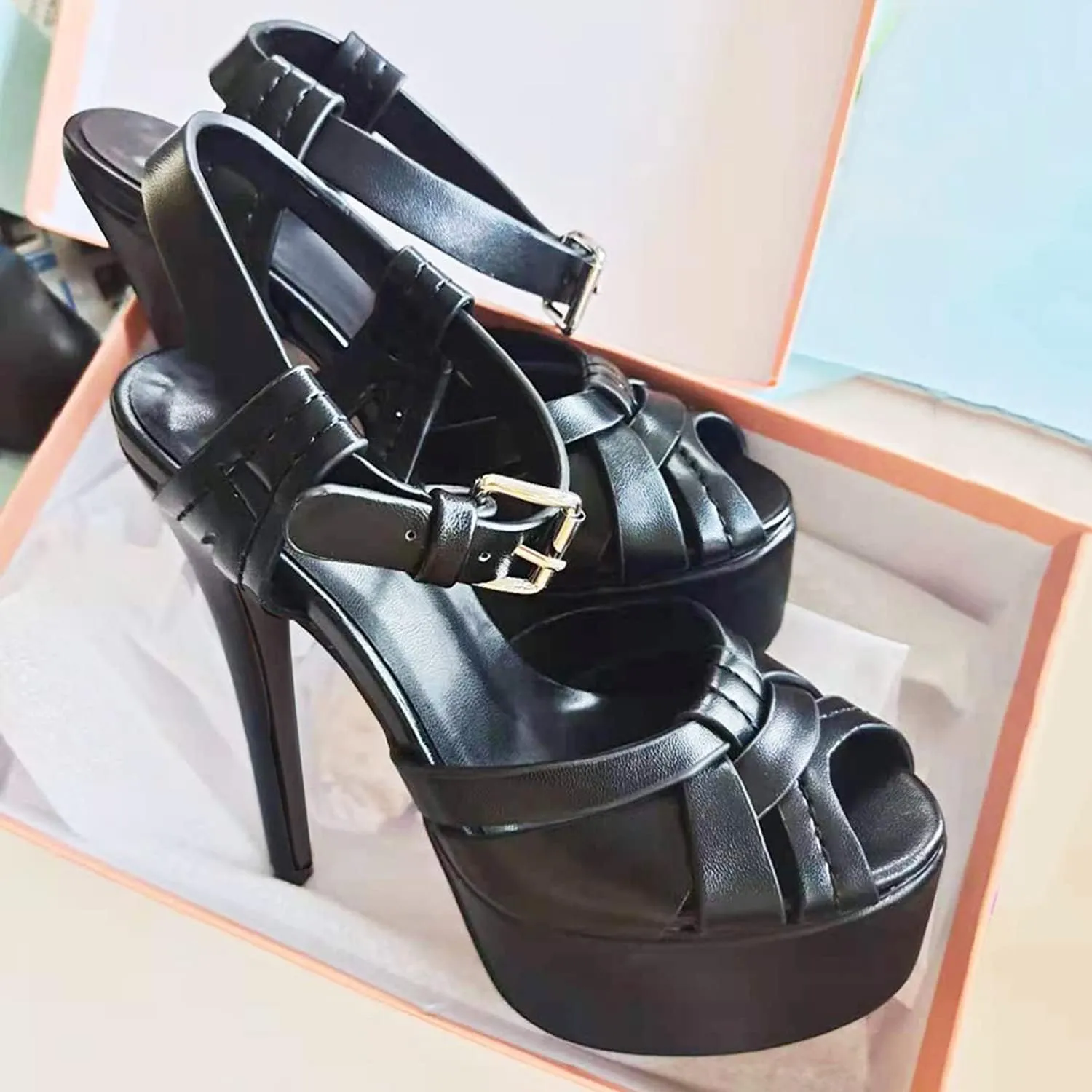 bbruriy Womens Black Platform Stiletto Heel Ankle Strap Peep Toe Heeled Sandals Backstrap Slingback Dress Shoes Pumps for Nightclub Unisex 5.7 Inch