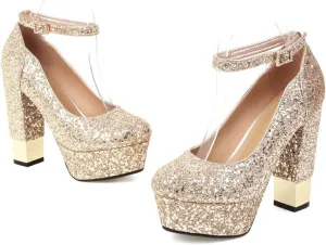bbruriy Womens High Chunky Platform Closed Toe Block Heels Sequins Round Toe Ankle Strap Dress Wedding Party Pumps Fashion Heeled Shoes