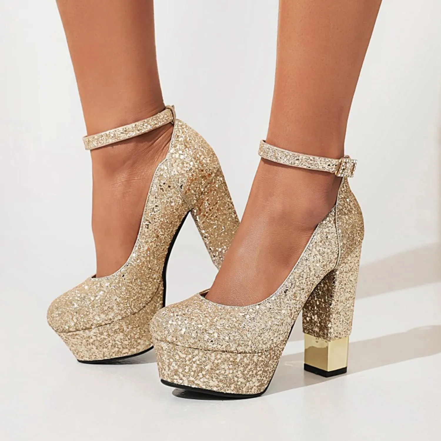bbruriy Womens High Chunky Platform Closed Toe Block Heels Sequins Round Toe Ankle Strap Dress Wedding Party Pumps Fashion Heeled Shoes