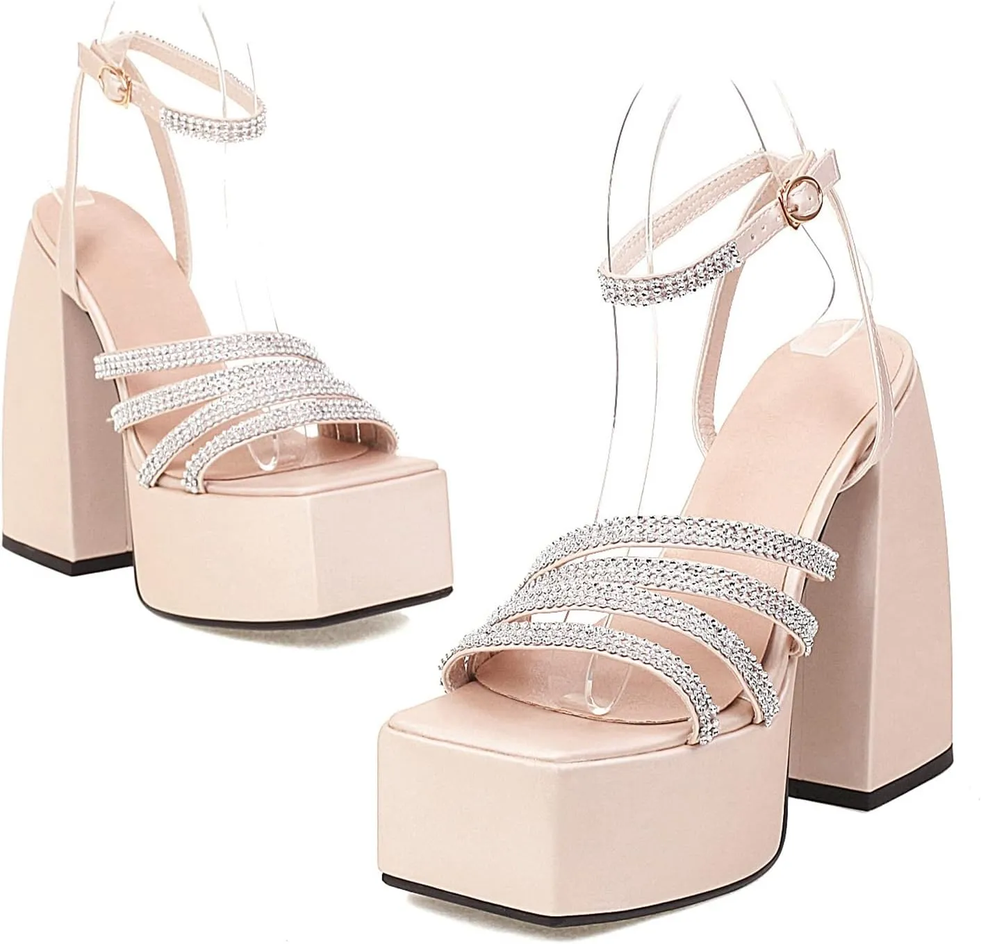 bbruriy Women's Open Square Toe Chunky Block Heel Crystal Ankle Strap Sandals Platform High Heel Shoes Summer Dress Party Pumps