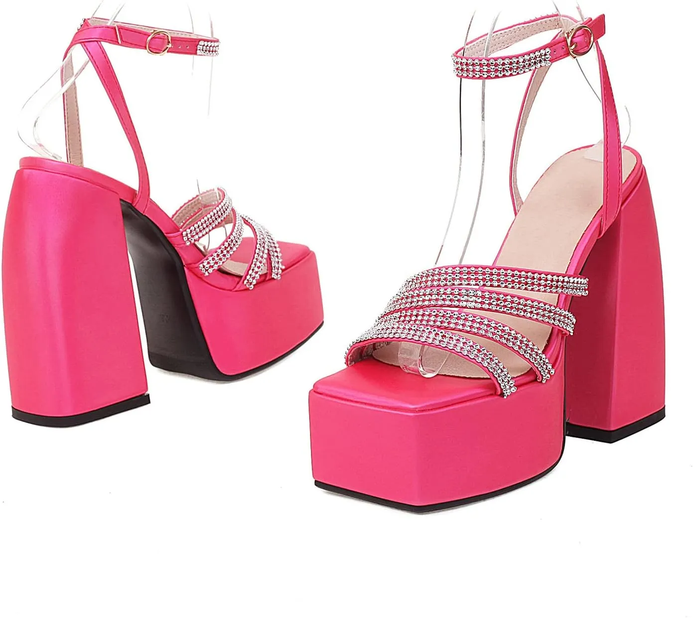 bbruriy Women's Open Square Toe Chunky Block Heel Crystal Ankle Strap Sandals Platform High Heel Shoes Summer Dress Party Pumps