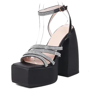 bbruriy Women's Open Square Toe Chunky Block Heel Crystal Ankle Strap Sandals Platform High Heel Shoes Summer Dress Party Pumps