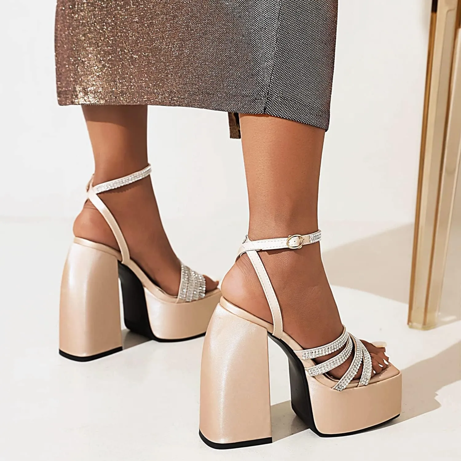 bbruriy Women's Open Square Toe Chunky Block Heel Crystal Ankle Strap Sandals Platform High Heel Shoes Summer Dress Party Pumps