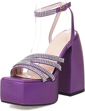 bbruriy Women's Open Square Toe Chunky Block Heel Crystal Ankle Strap Sandals Platform High Heel Shoes Summer Dress Party Pumps