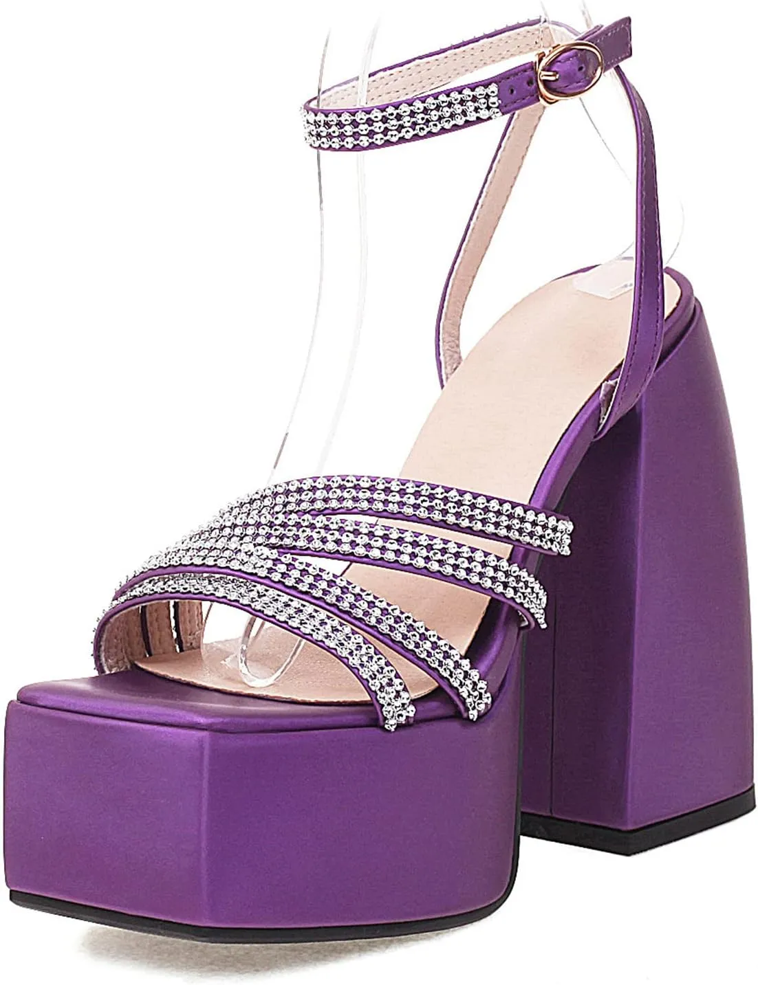 bbruriy Women's Open Square Toe Chunky Block Heel Crystal Ankle Strap Sandals Platform High Heel Shoes Summer Dress Party Pumps