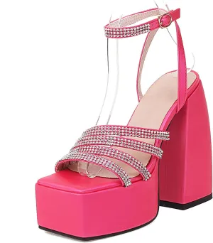 bbruriy Women's Open Square Toe Chunky Block Heel Crystal Ankle Strap Sandals Platform High Heel Shoes Summer Dress Party Pumps