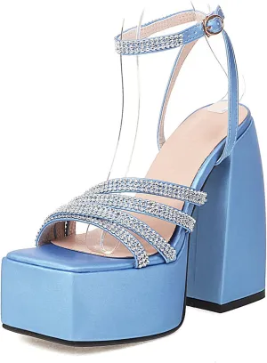 bbruriy Women's Open Square Toe Chunky Block Heel Crystal Ankle Strap Sandals Platform High Heel Shoes Summer Dress Party Pumps