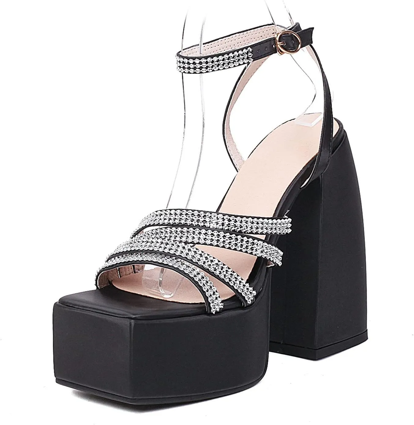 bbruriy Women's Open Square Toe Chunky Block Heel Crystal Ankle Strap Sandals Platform High Heel Shoes Summer Dress Party Pumps