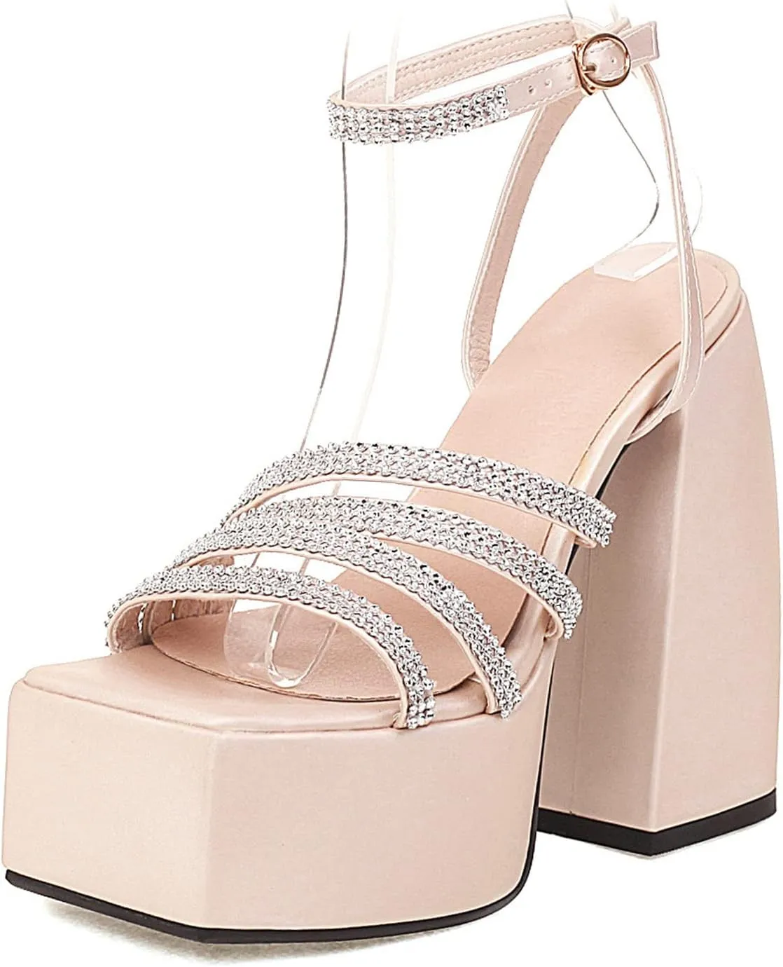 bbruriy Women's Open Square Toe Chunky Block Heel Crystal Ankle Strap Sandals Platform High Heel Shoes Summer Dress Party Pumps