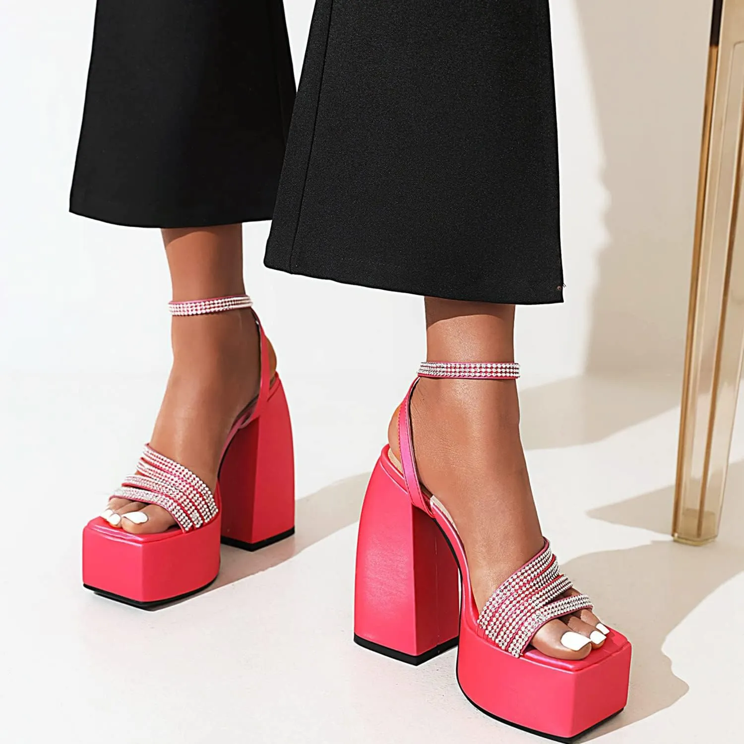 bbruriy Women's Open Square Toe Chunky Block Heel Crystal Ankle Strap Sandals Platform High Heel Shoes Summer Dress Party Pumps