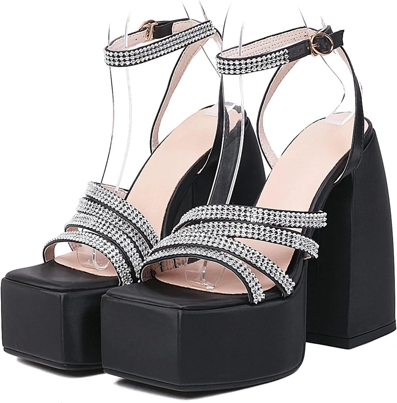 bbruriy Women's Open Square Toe Chunky Block Heel Crystal Ankle Strap Sandals Platform High Heel Shoes Summer Dress Party Pumps
