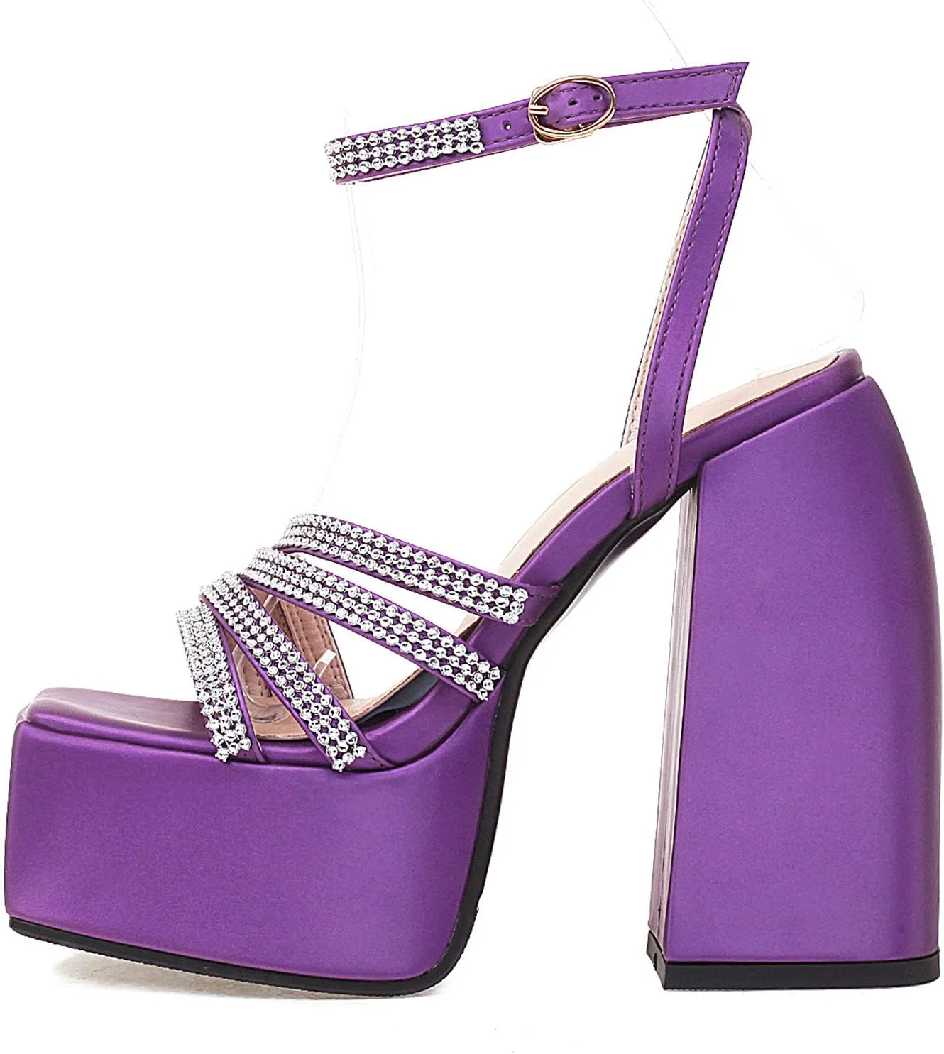 bbruriy Women's Open Square Toe Chunky Block Heel Crystal Ankle Strap Sandals Platform High Heel Shoes Summer Dress Party Pumps