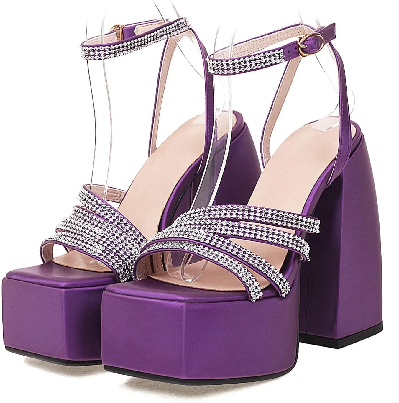 bbruriy Women's Open Square Toe Chunky Block Heel Crystal Ankle Strap Sandals Platform High Heel Shoes Summer Dress Party Pumps
