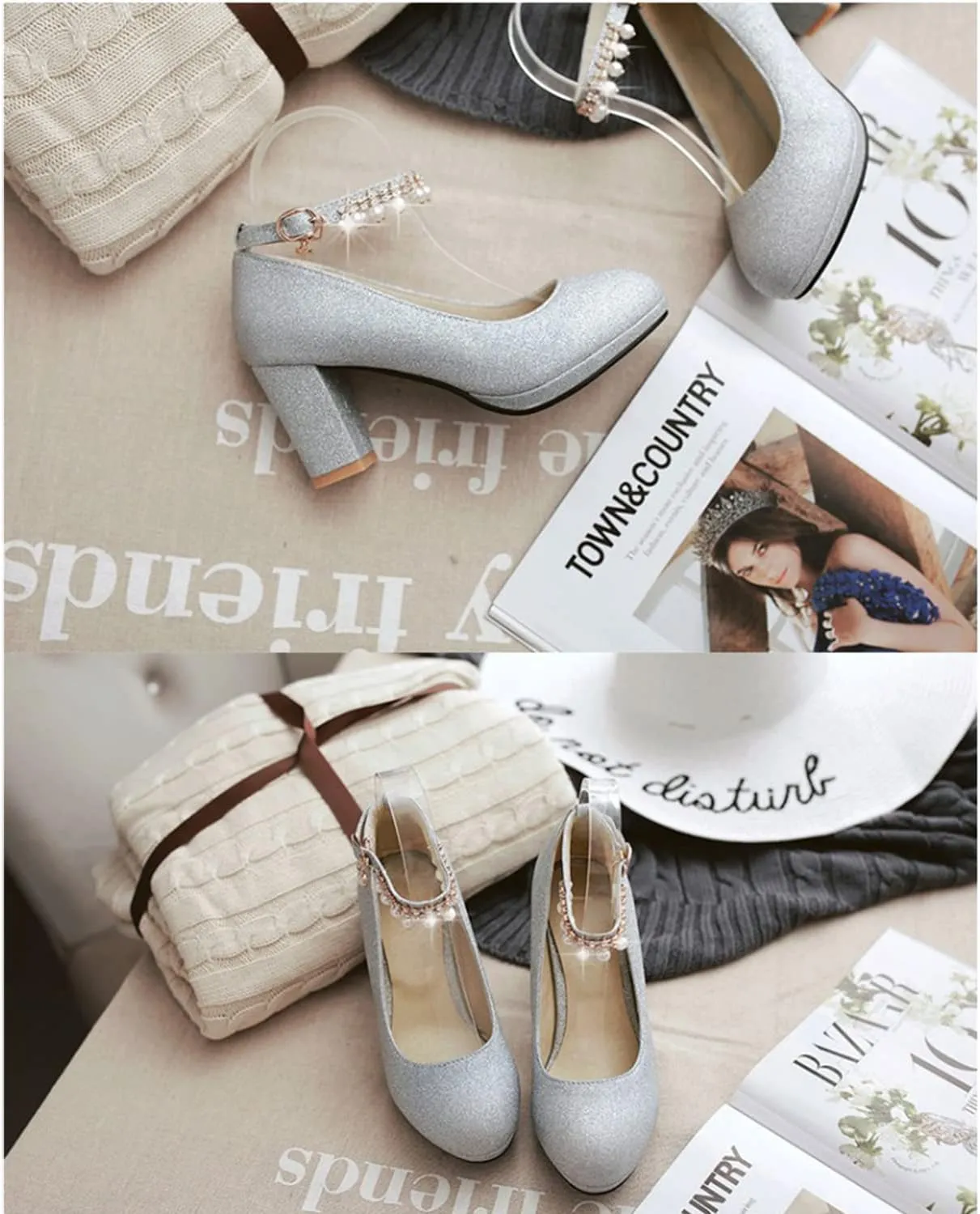bbruriy Womens Platform Chunky High Block Heels Pearl Ankle Strap Buckles Dress Pumps Fashion Sequins Party Prom Shoes for Women