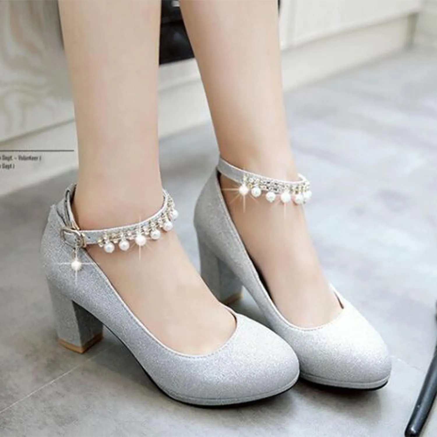 bbruriy Womens Platform Chunky High Block Heels Pearl Ankle Strap Buckles Dress Pumps Fashion Sequins Party Prom Shoes for Women