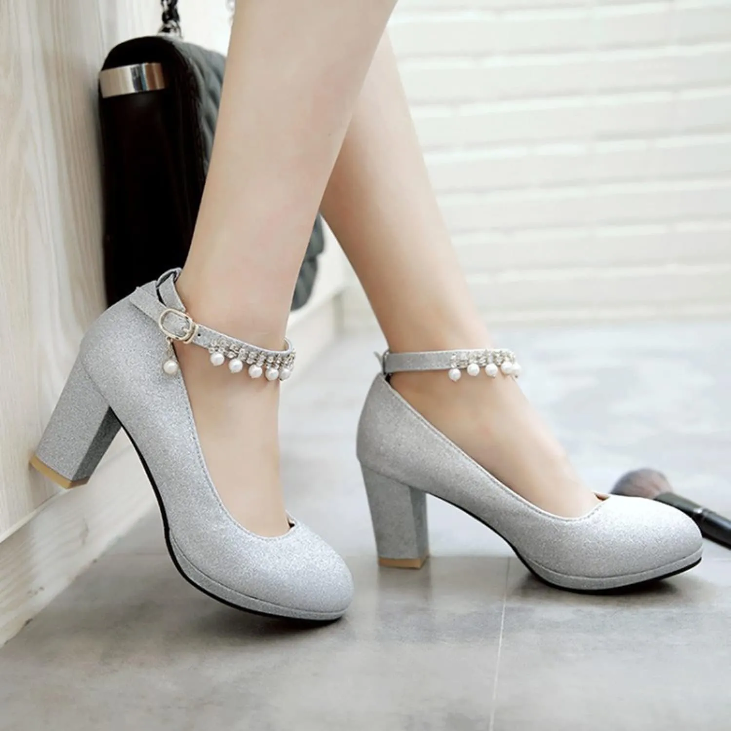 bbruriy Womens Platform Chunky High Block Heels Pearl Ankle Strap Buckles Dress Pumps Fashion Sequins Party Prom Shoes for Women