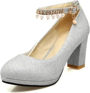 bbruriy Womens Platform Chunky High Block Heels Pearl Ankle Strap Buckles Dress Pumps Fashion Sequins Party Prom Shoes for Women