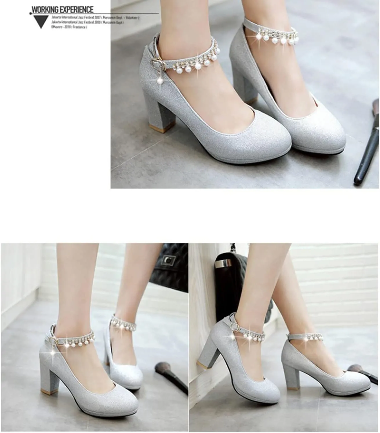 bbruriy Womens Platform Chunky High Block Heels Pearl Ankle Strap Buckles Dress Pumps Fashion Sequins Party Prom Shoes for Women