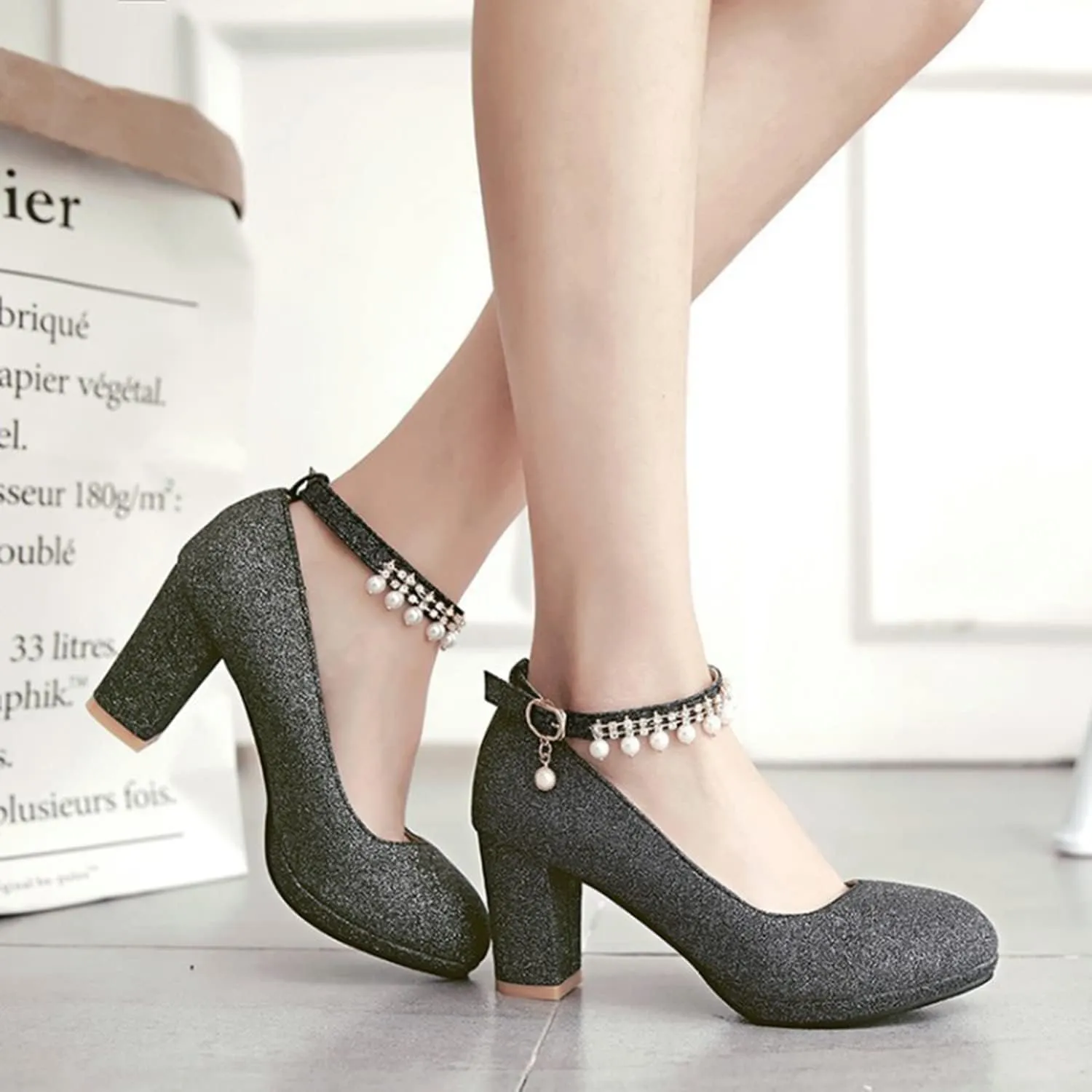 bbruriy Womens Platform Chunky High Block Heels Pearl Ankle Strap Buckles Dress Pumps Fashion Sequins Party Prom Shoes for Women