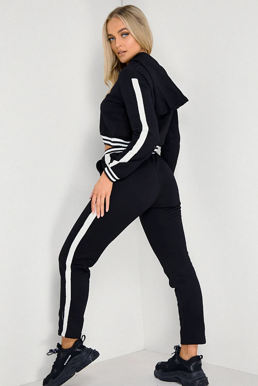 Black & White Stripe Lace Up Hoodie and Joggers Tracksuit Set