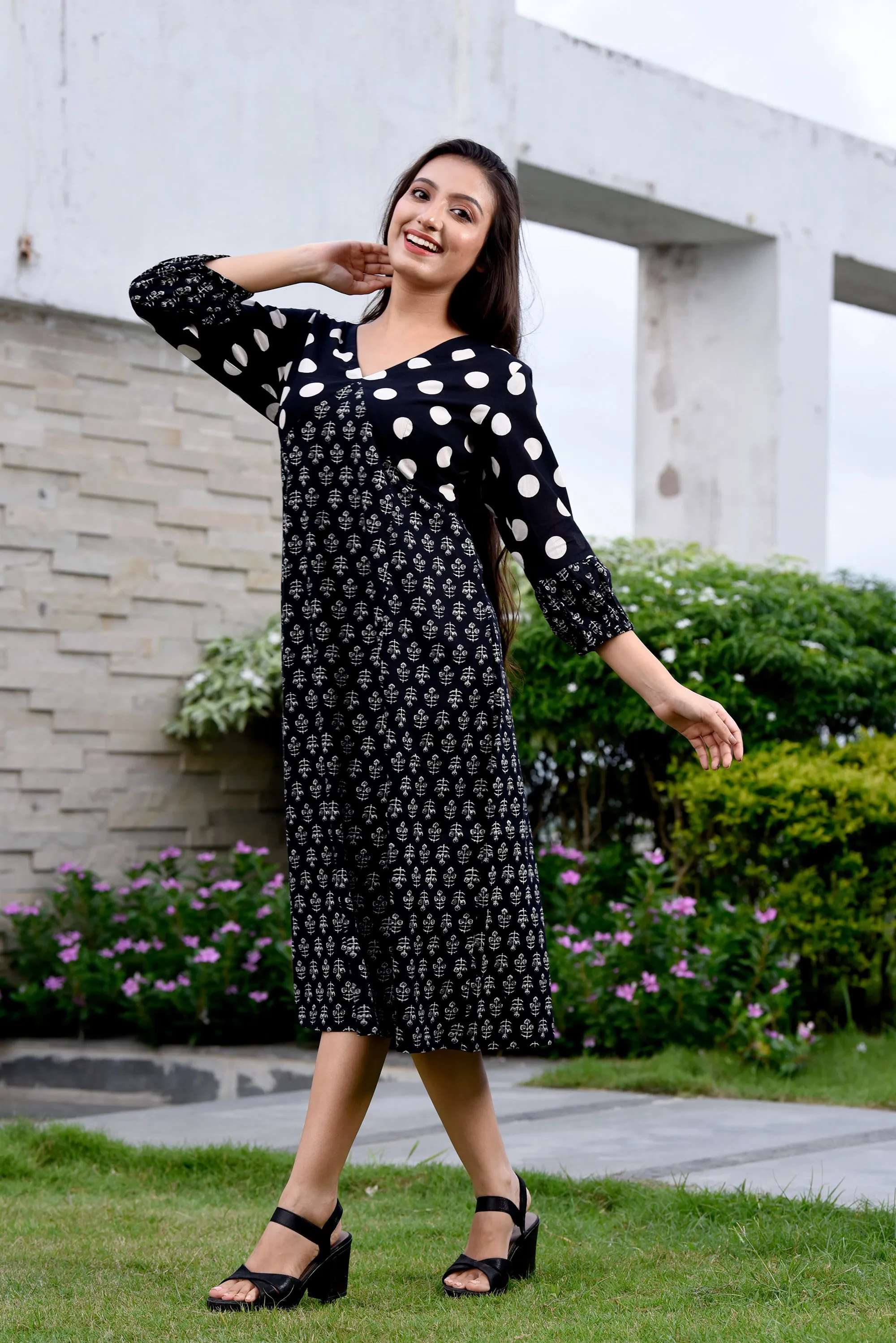 Black Polka Dot Semi-Flared Jaipuri Print Dress