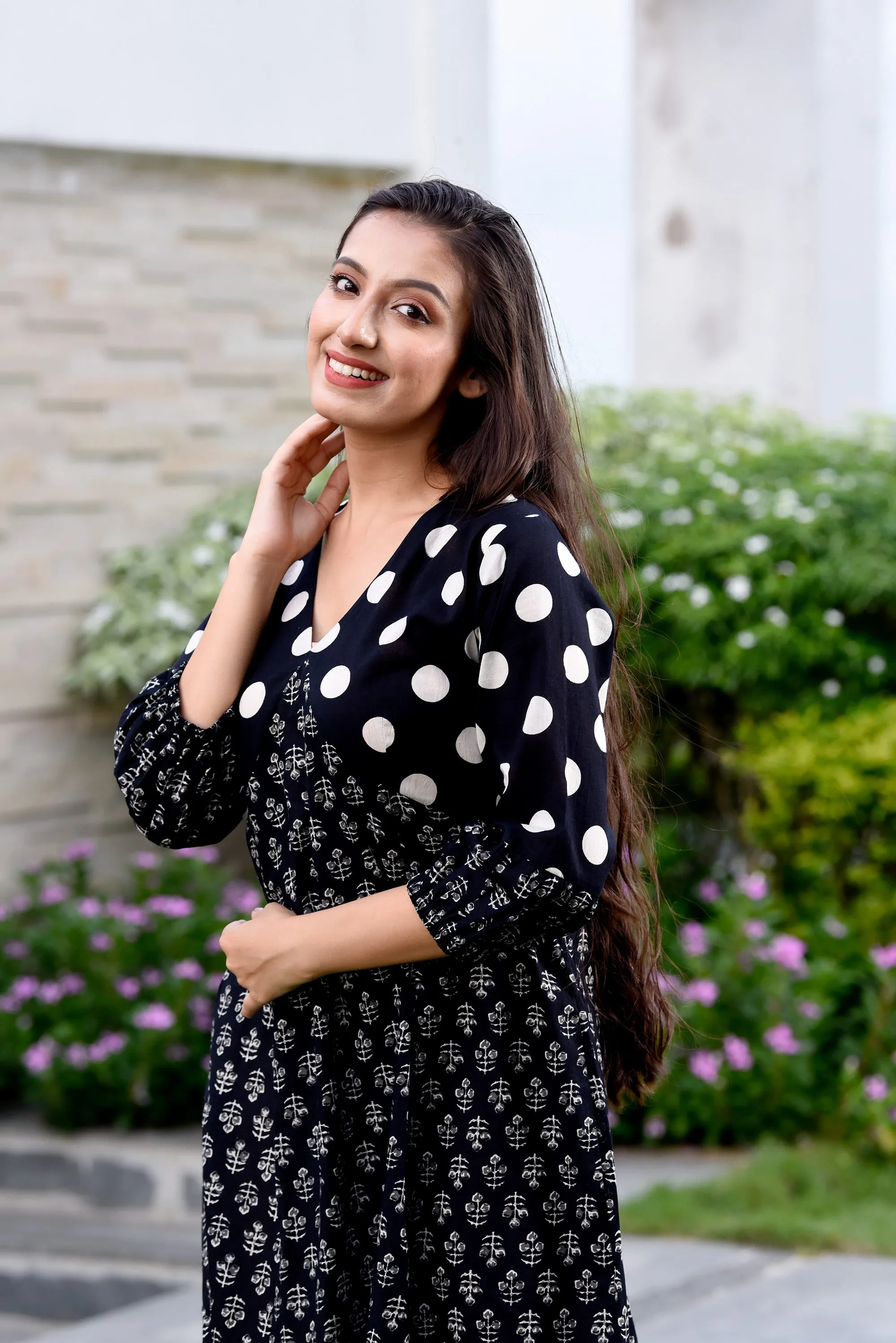 Black Polka Dot Semi-Flared Jaipuri Print Dress