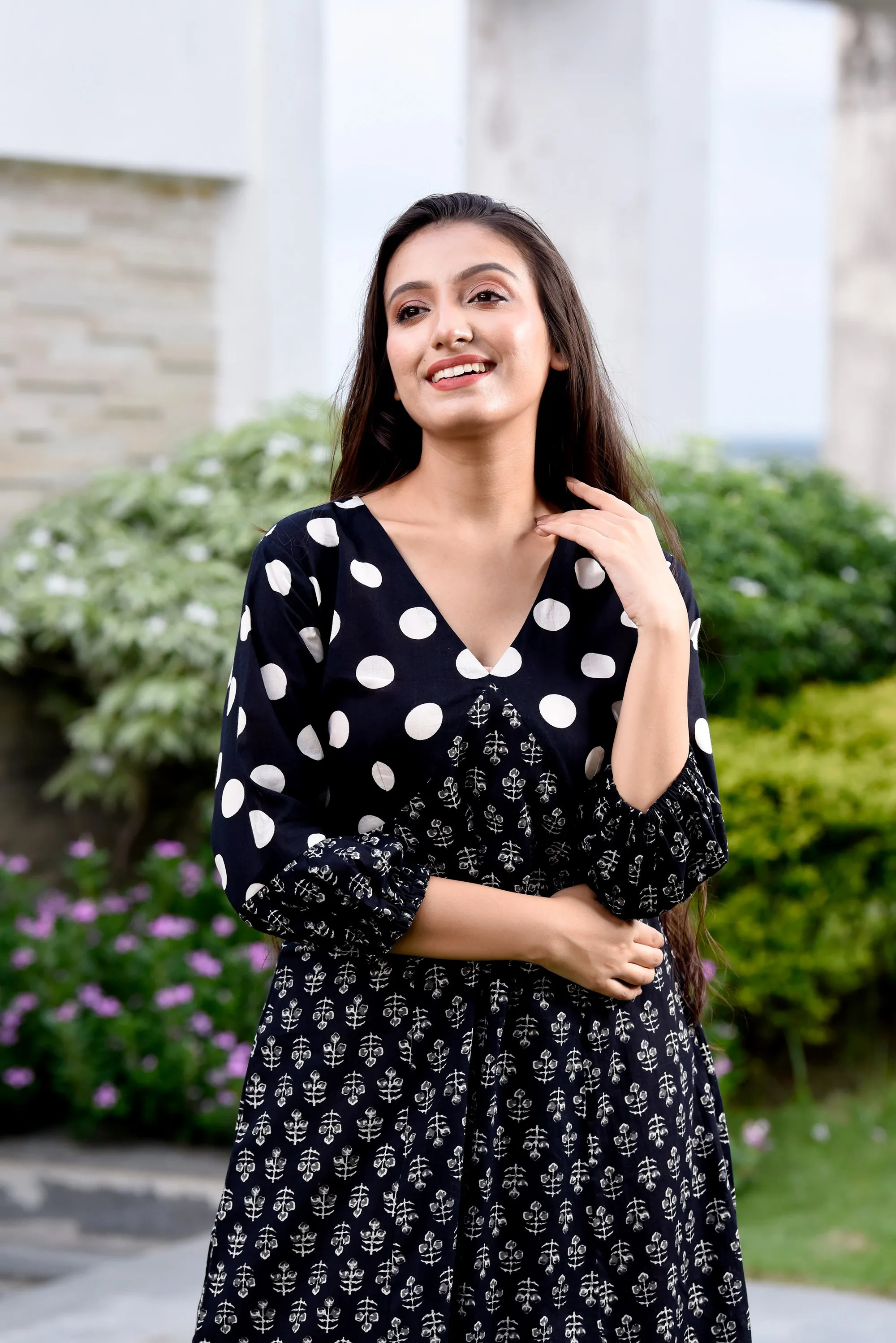 Black Polka Dot Semi-Flared Jaipuri Print Dress