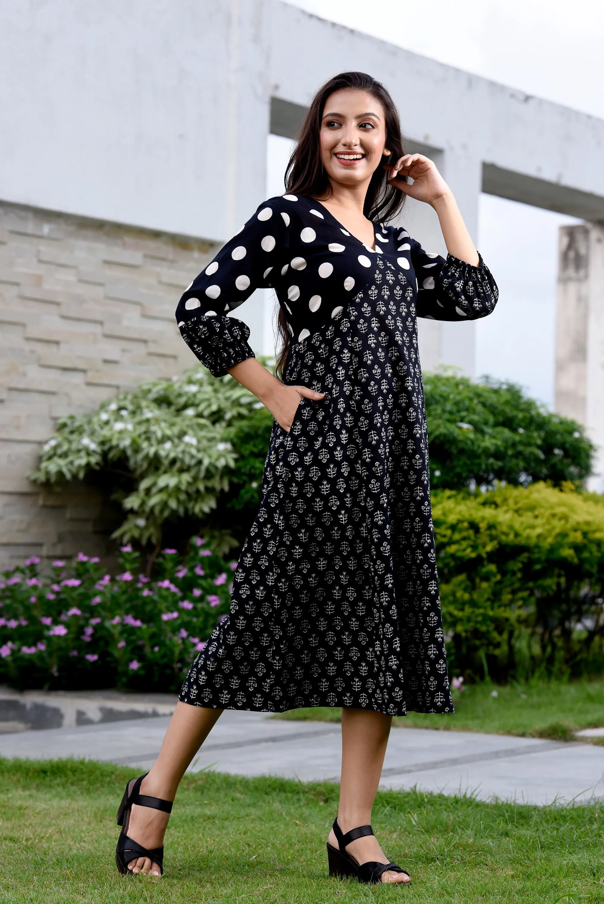 Black Polka Dot Semi-Flared Jaipuri Print Dress