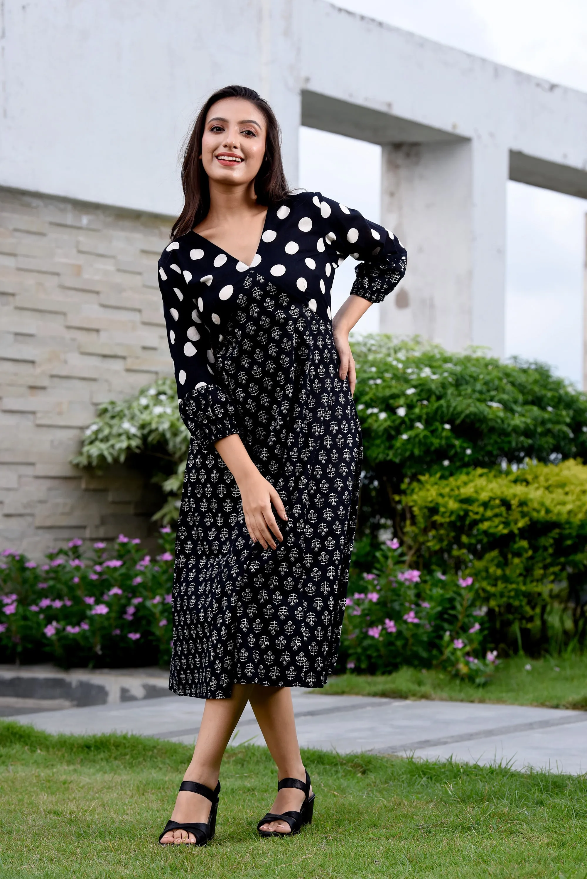 Black Polka Dot Semi-Flared Jaipuri Print Dress