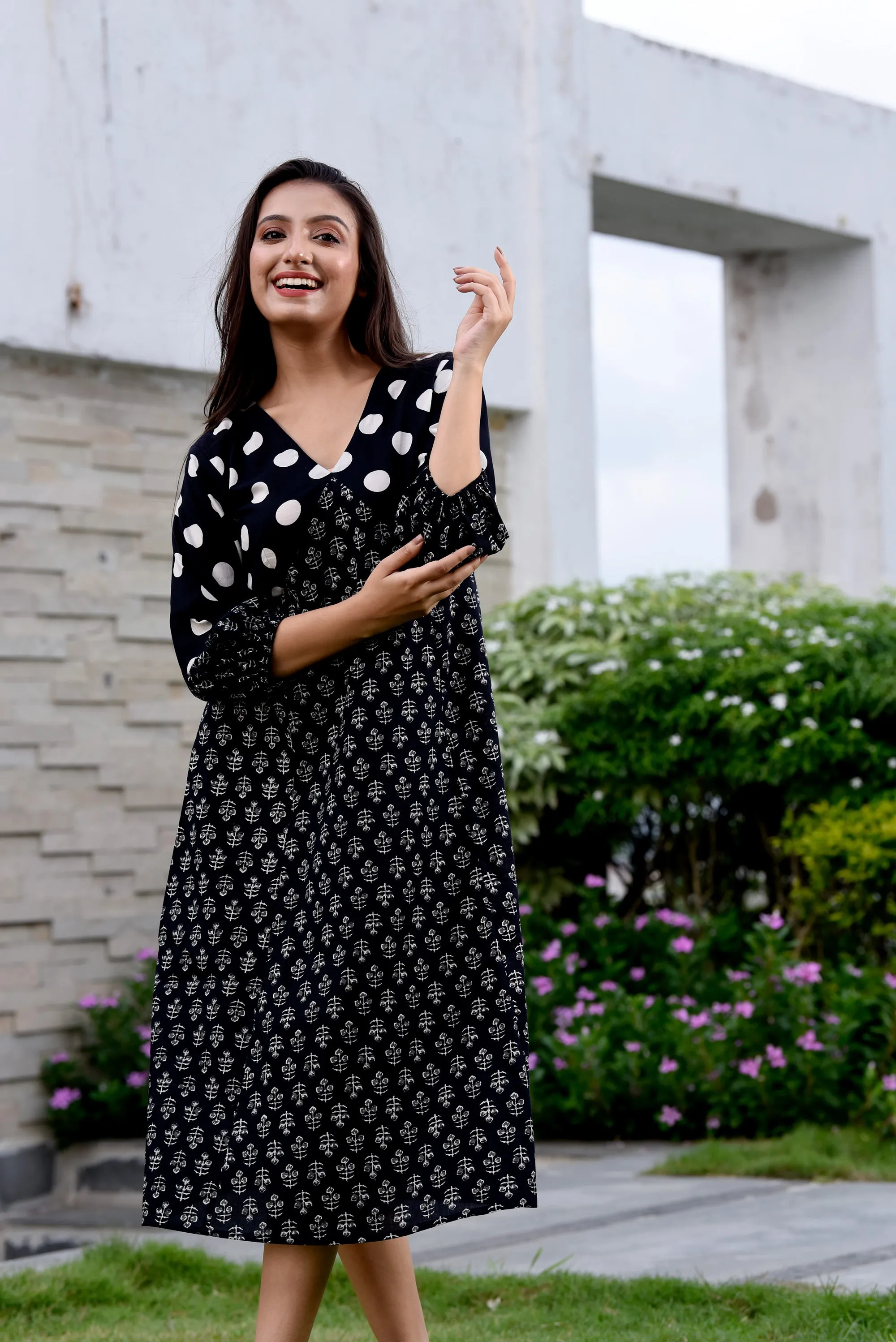 Black Polka Dot Semi-Flared Jaipuri Print Dress