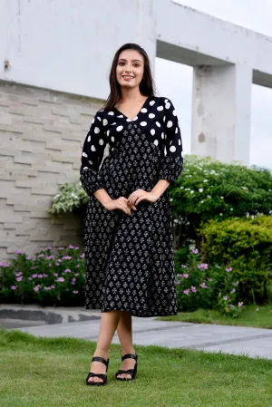 Black Polka Dot Semi-Flared Jaipuri Print Dress