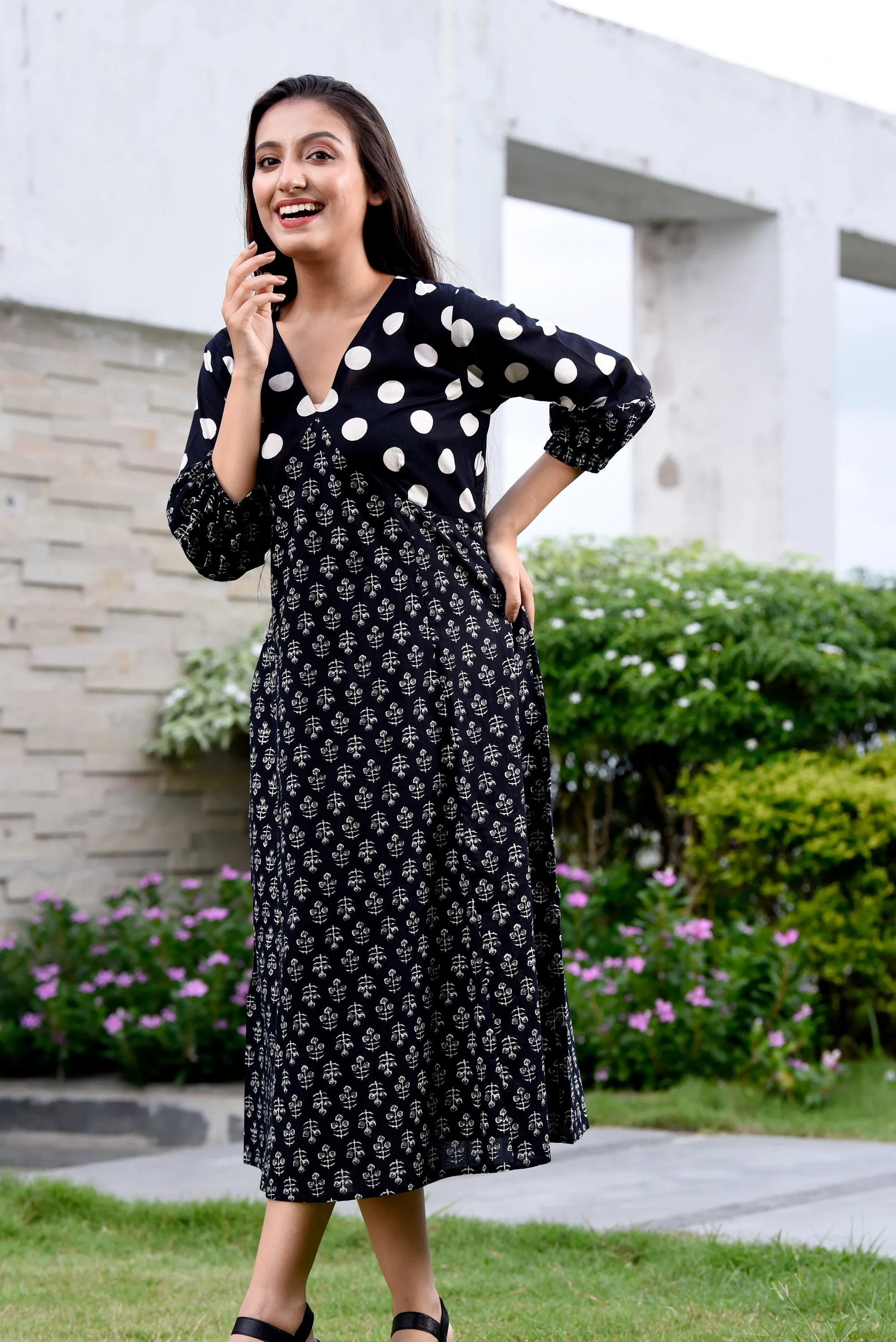 Black Polka Dot Semi-Flared Jaipuri Print Dress