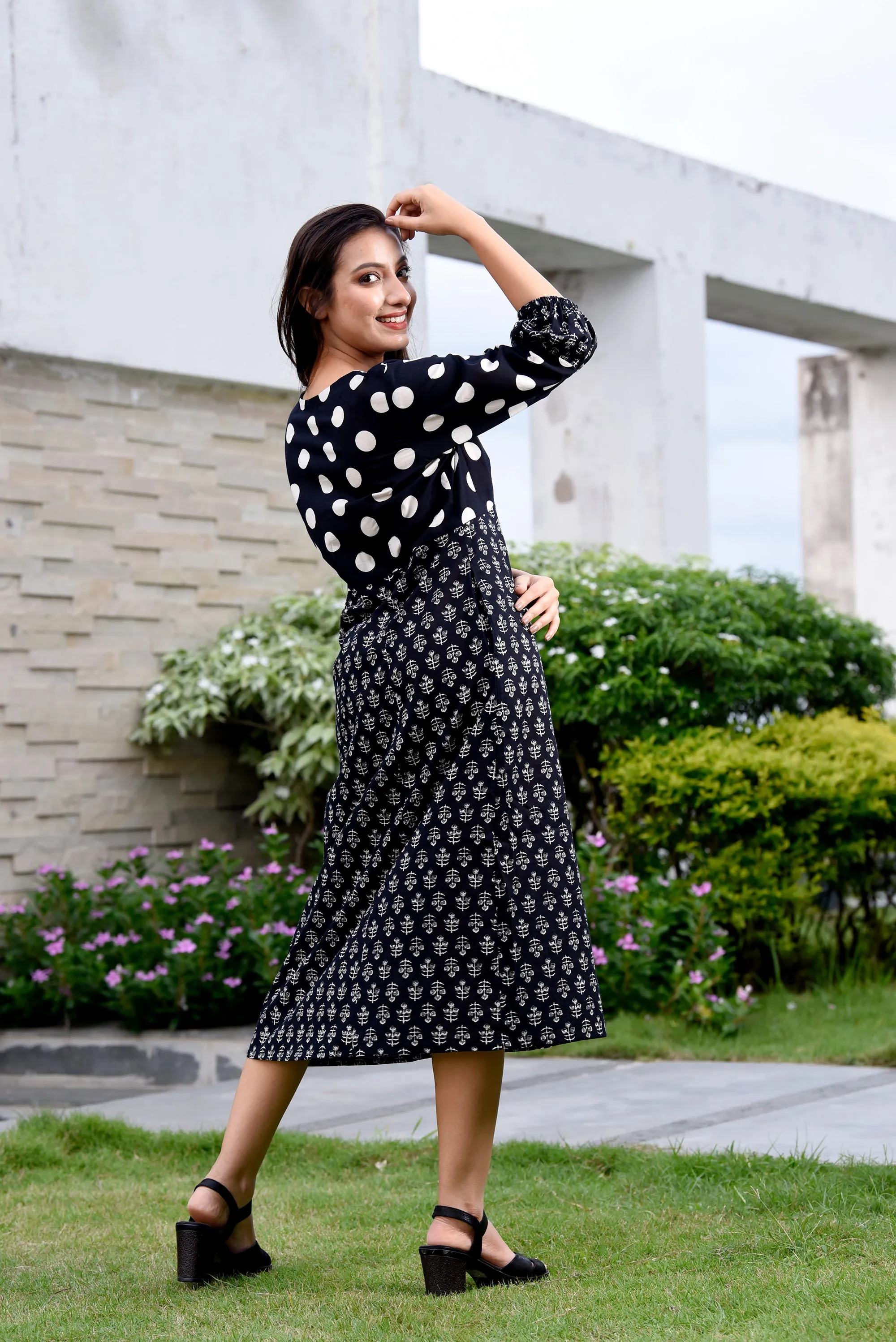Black Polka Dot Semi-Flared Jaipuri Print Dress