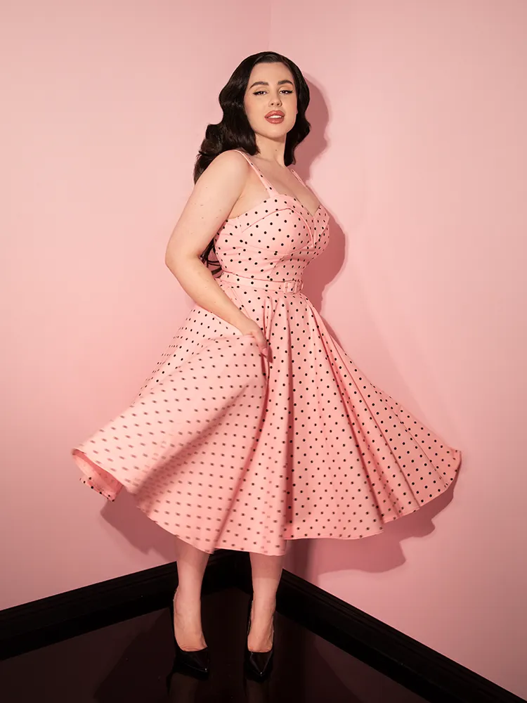 COMING BACK SOON - Maneater Swing Dress in Rose Pink Polka Dot - Vixen by Micheline Pitt