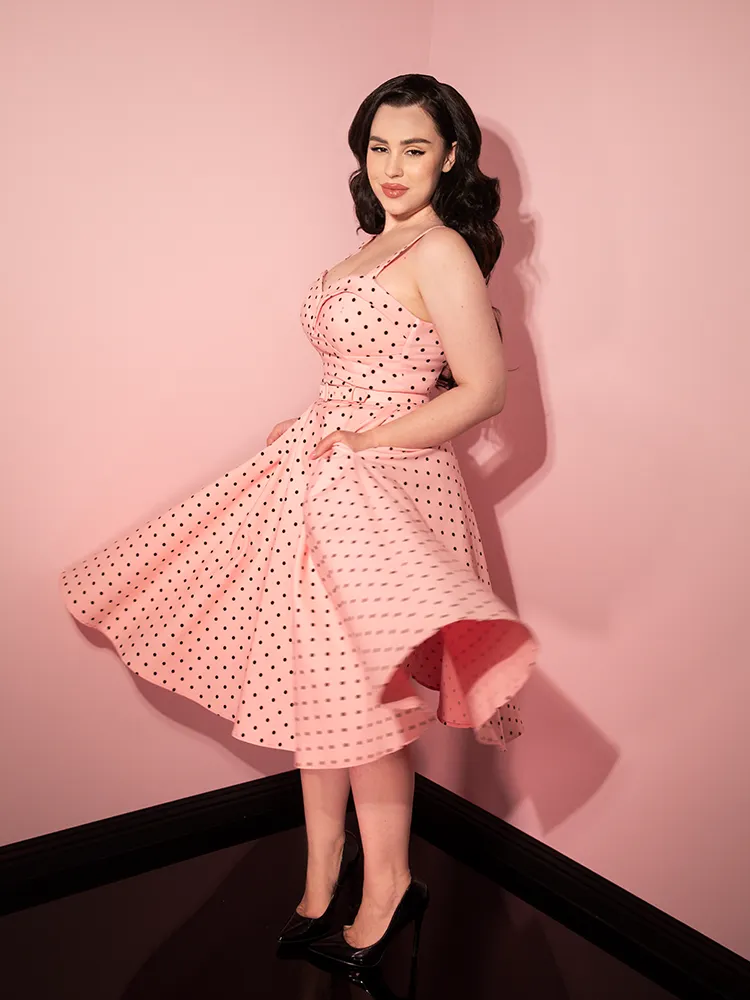 COMING BACK SOON - Maneater Swing Dress in Rose Pink Polka Dot - Vixen by Micheline Pitt
