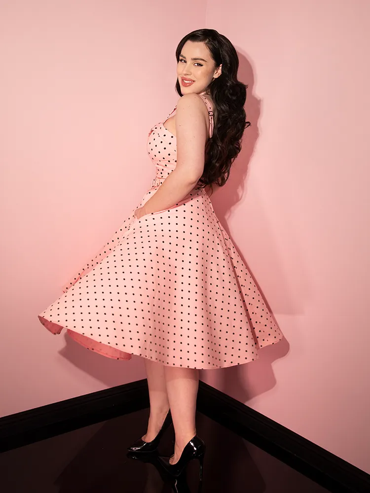 COMING BACK SOON - Maneater Swing Dress in Rose Pink Polka Dot - Vixen by Micheline Pitt