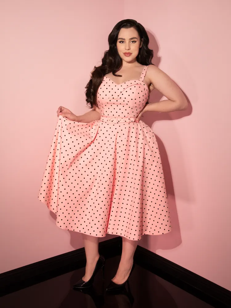 COMING BACK SOON - Maneater Swing Dress in Rose Pink Polka Dot - Vixen by Micheline Pitt
